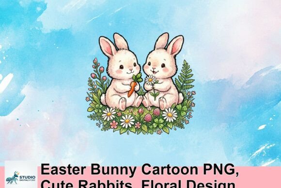 Download Easter Bunny Cartoon PNG, Cute Rabbits, Floral Design - Premium Resources